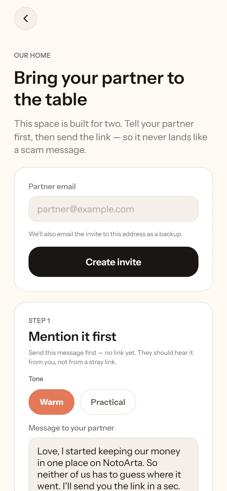 Invite screen, Bring your partner to the table: Step 1 Mention it first, the Warm tone selected, and a ready-to-send message in the inviter's voice