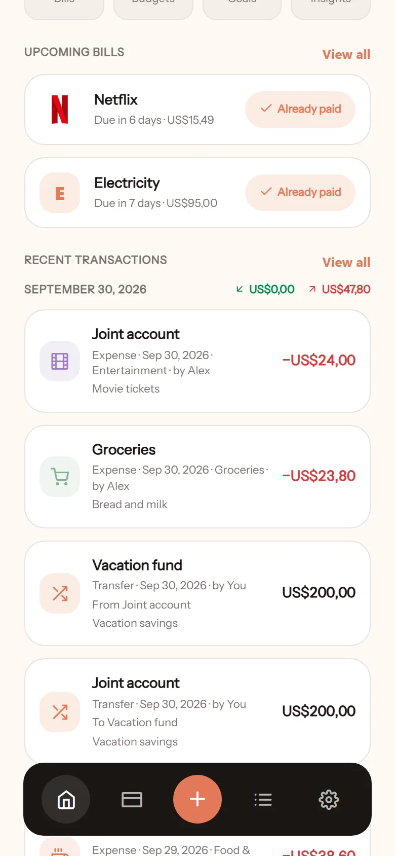 Recent transactions on the home screen: every row says who logged it