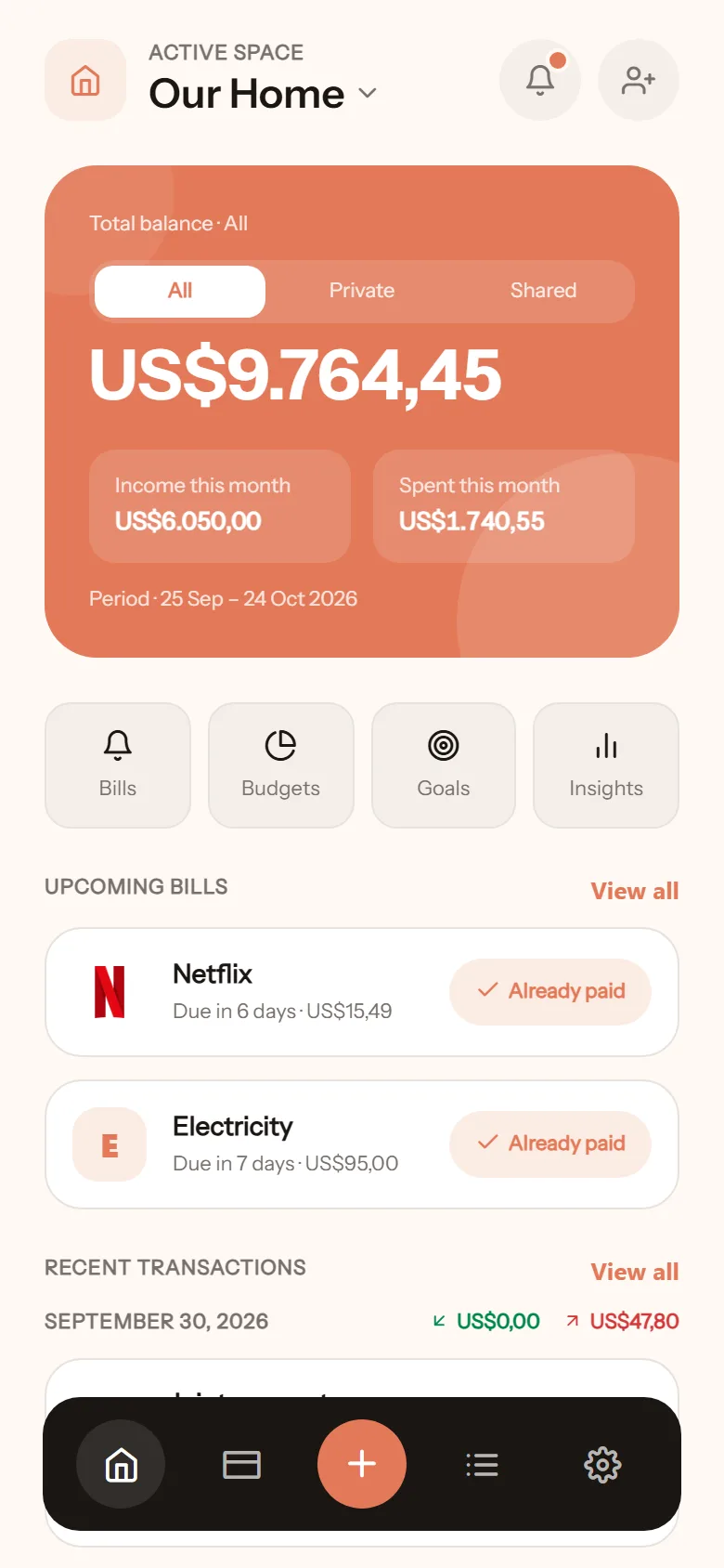 NotoArta home screen for the sample space Our Home, in US dollars: the total balance, this month's income and spending, and the Netflix and electricity bills coming up this week