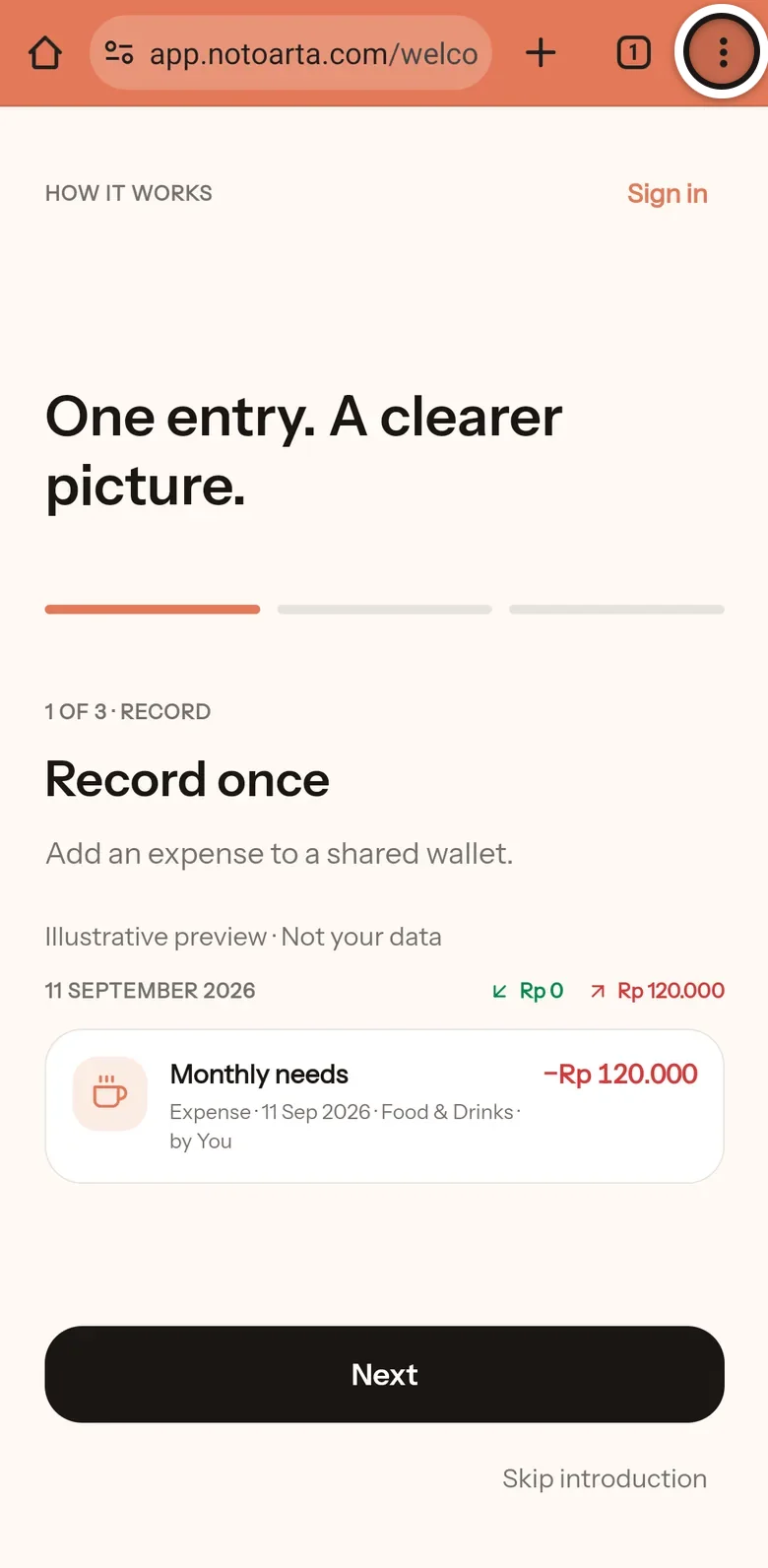 The app.notoarta.com page open in Chrome, with the three-dot menu in the top right marked