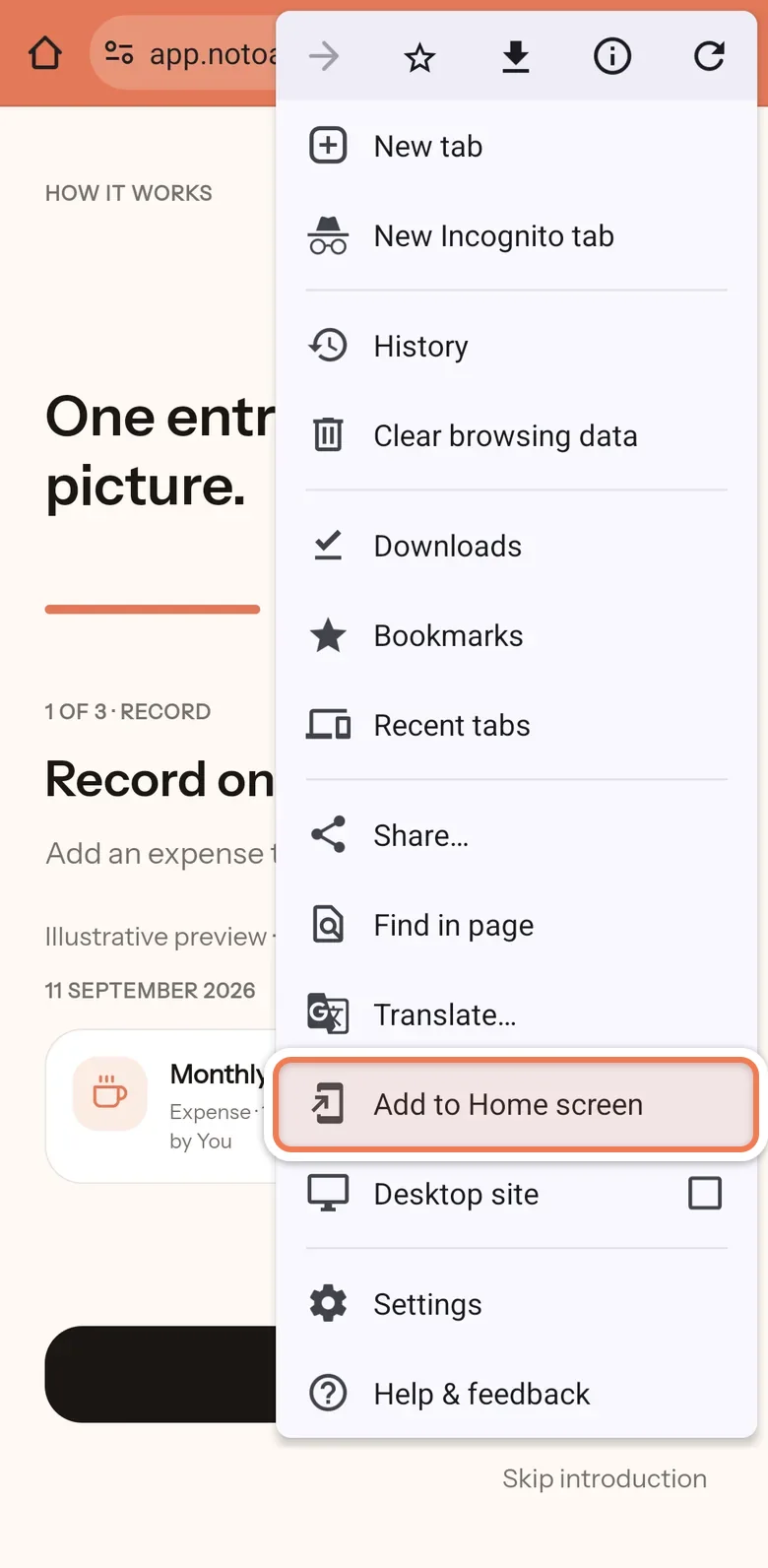 The Chrome menu open, with Add to Home screen between Translate and Desktop site