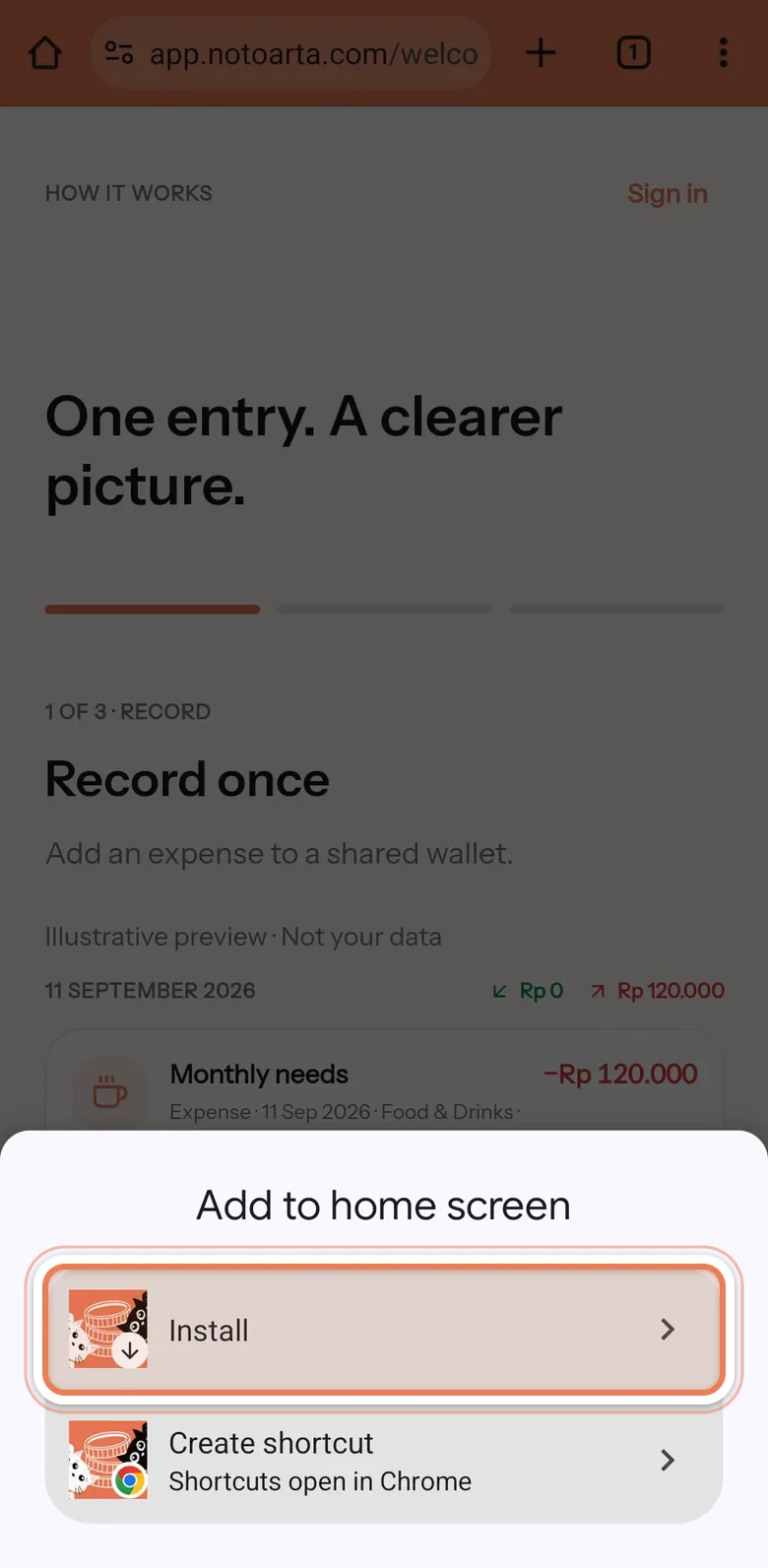 The Add to home screen box with two choices, Install and Create shortcut