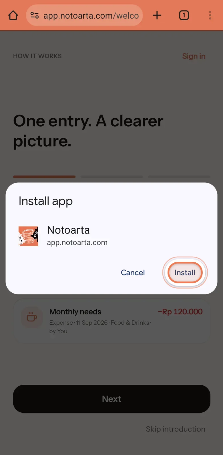 The Install app box for Notoarta, with Cancel and Install buttons