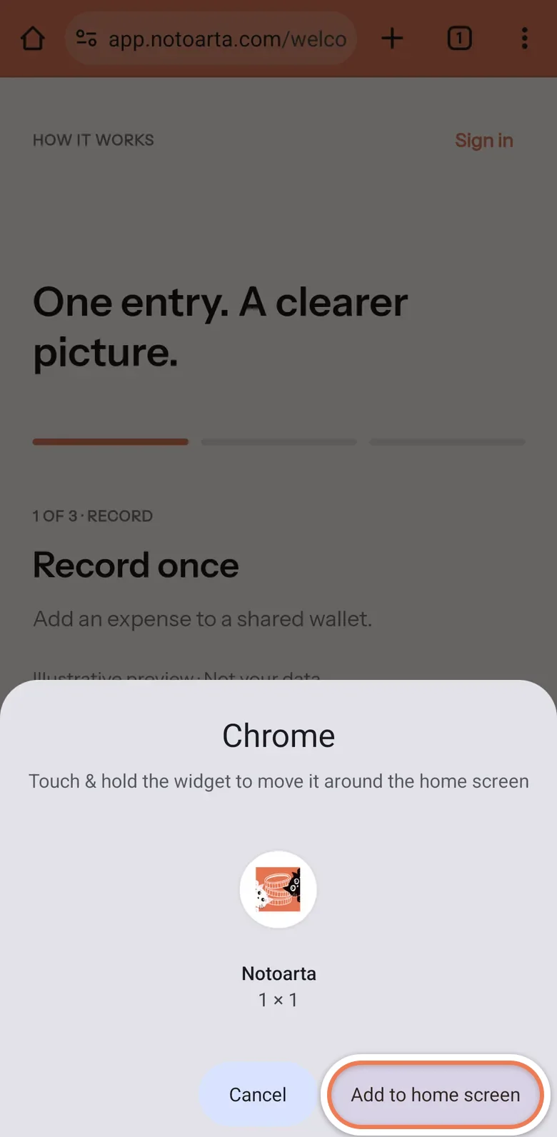 The phone’s prompt to put the Notoarta icon on the home screen, with Cancel and Add to home screen buttons