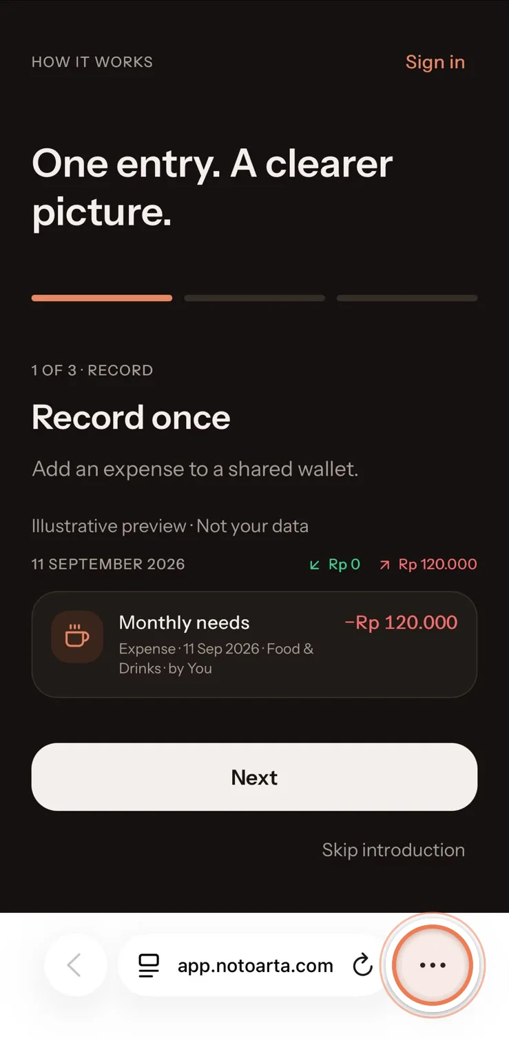 Safari open on app.notoarta.com, with the ••• button at the bottom right marked