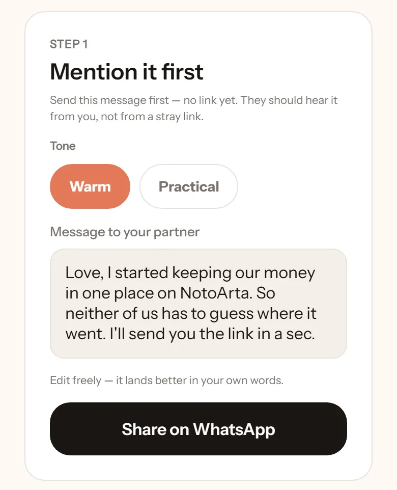 Step 1 of the invite: Warm and Practical tone buttons, the Warm message ready to edit, and the Share on WhatsApp button