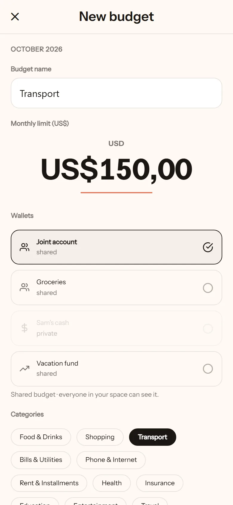 New budget form: Transport, US$150 a month, drawing from the Joint account, with the Transport category picked