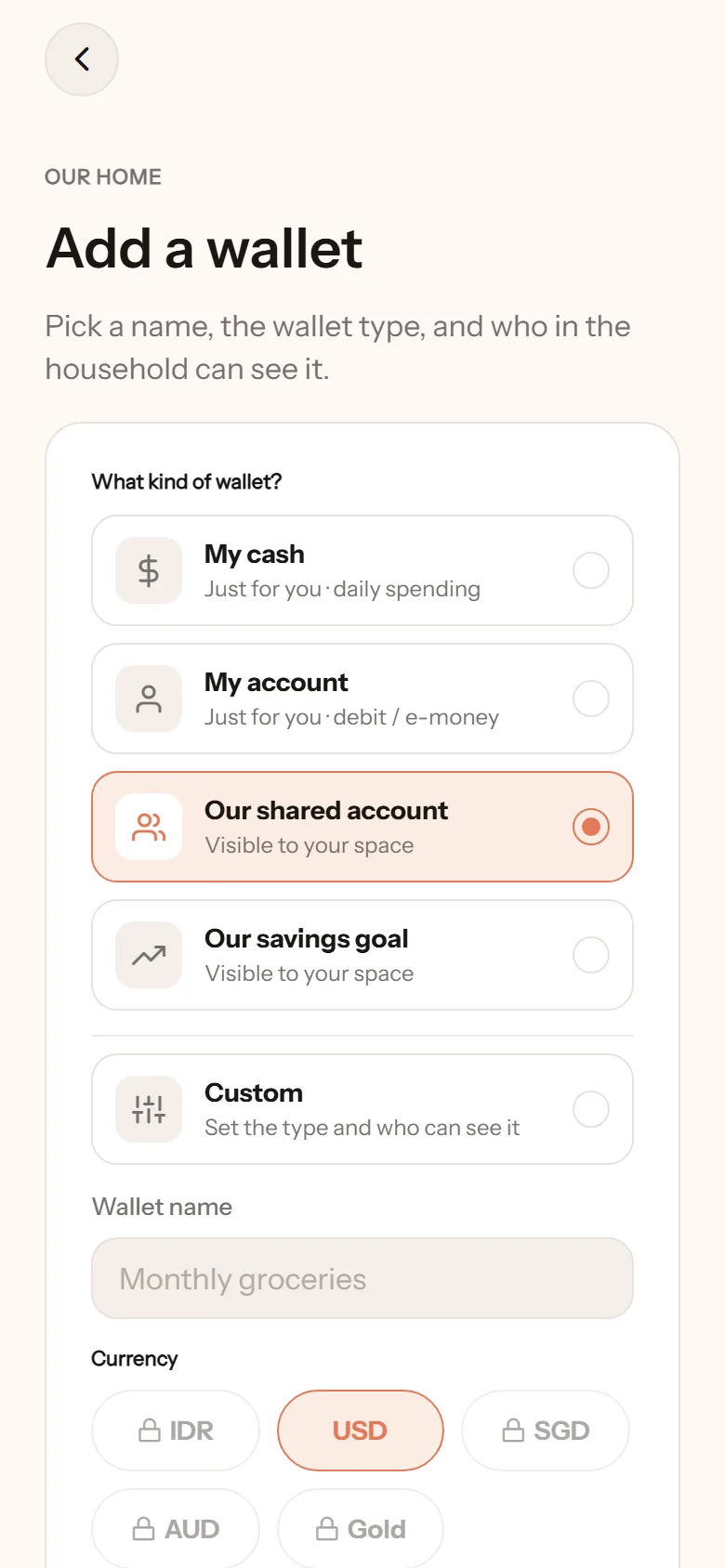 Add a wallet screen: quick picks for My cash, My account, Our shared account, Our savings goal and Custom
