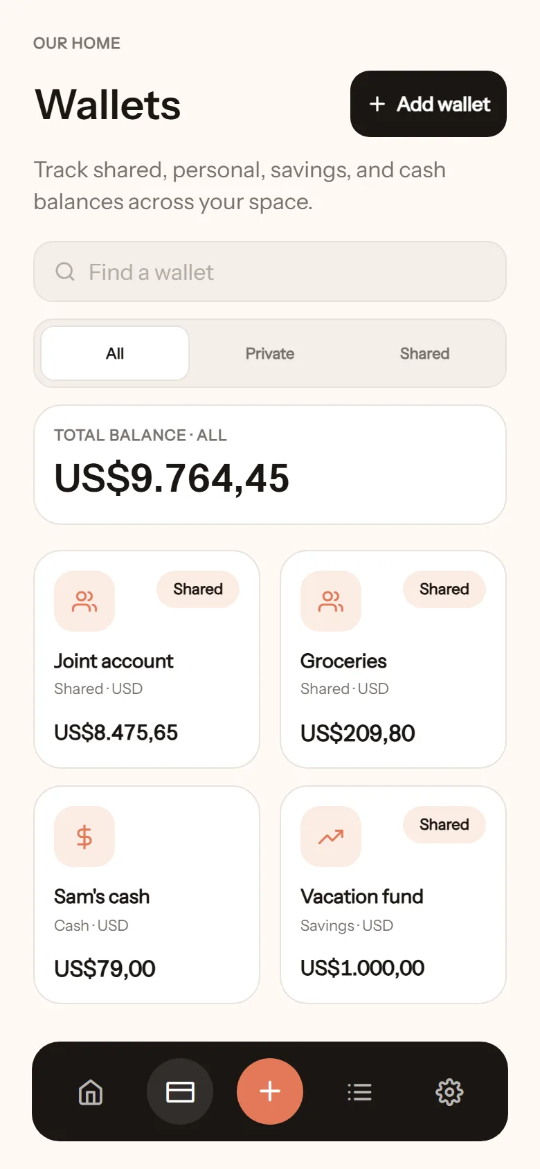 Wallets tab: the total balance, then the shared Joint account, Groceries and Vacation fund wallets and Sam’s cash, each with its balance