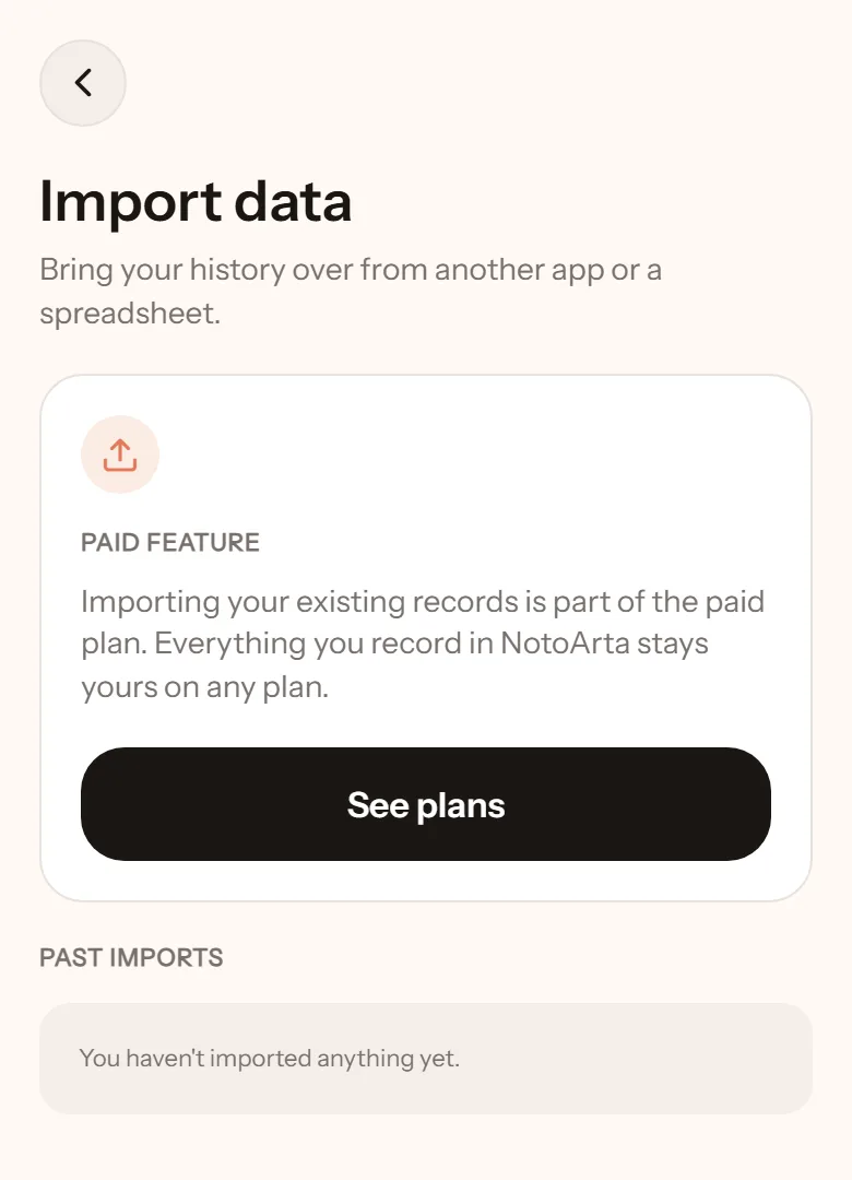 Import data screen on the free plan: importing is a paid feature, with a See plans button and an empty list of past imports
