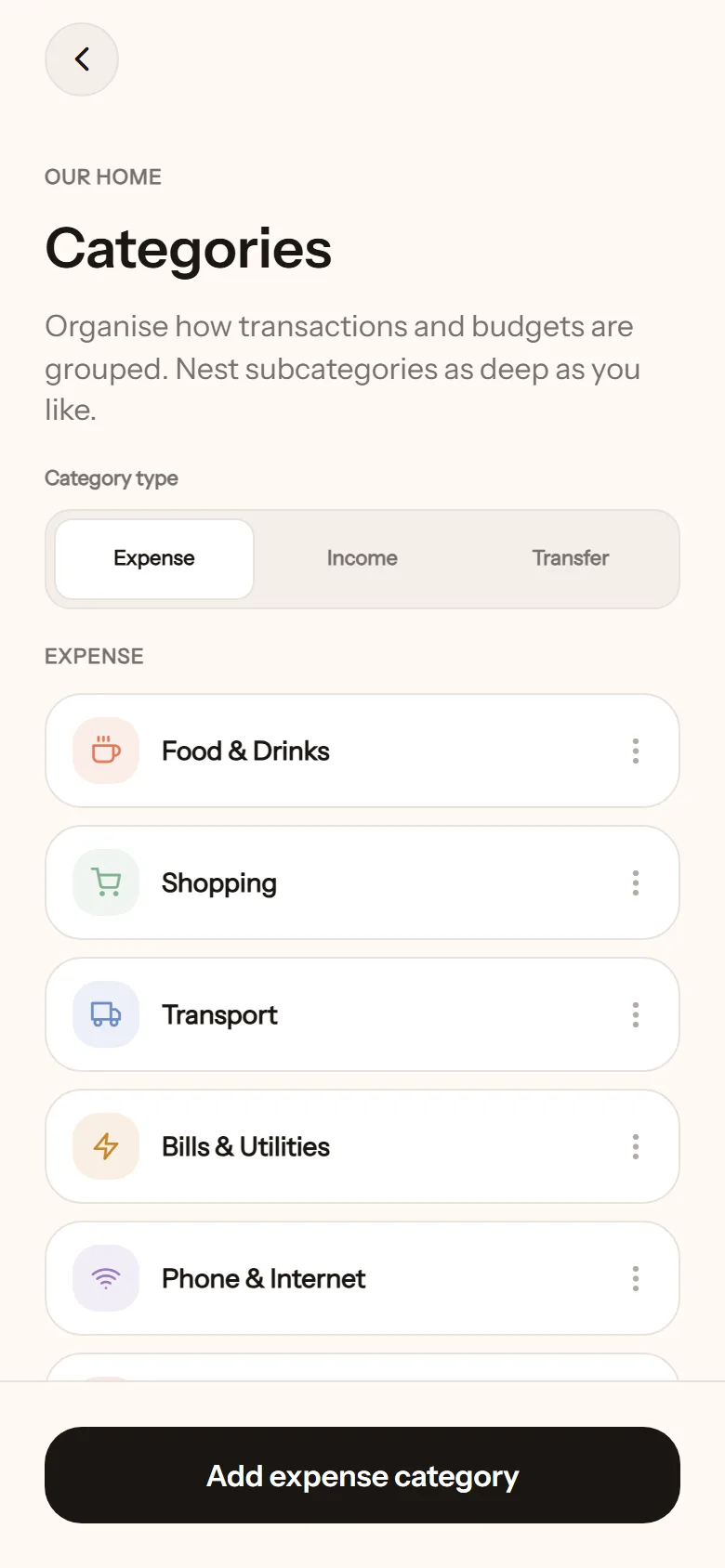 Categories screen: Expense, Income and Transfer tabs, with the expense categories listed and the Add expense category button