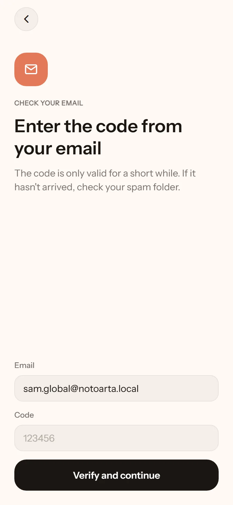 Code screen: the email already filled in and an empty box for the six-digit code