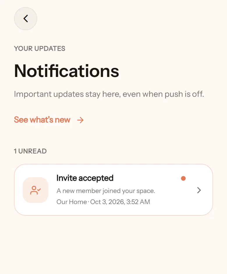 Notifications inbox with one unread notice: Invite accepted