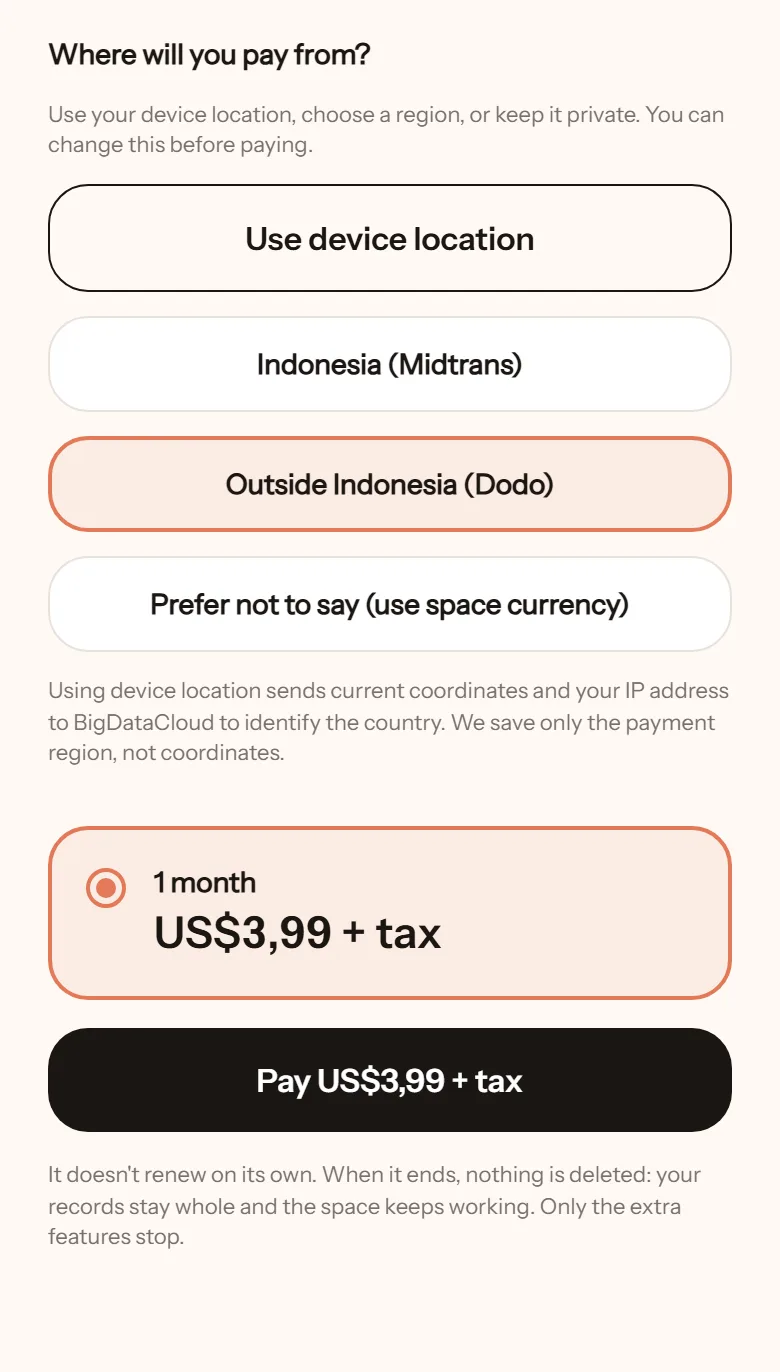 Plan screen with Outside Indonesia chosen: the 1-month pass at US$3.99 plus tax, and a note that it doesn’t renew on its own