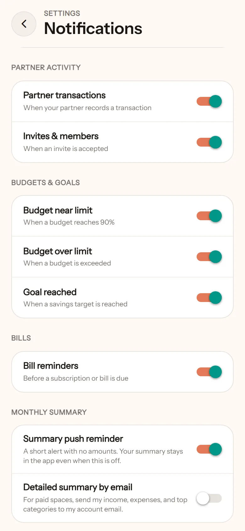Notification settings: a switch for each type, from partner transactions to the monthly summary
