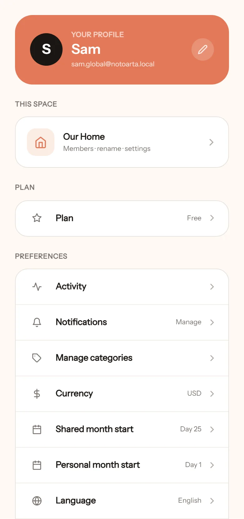 Settings: your profile at the top, then the space, the plan, and preferences including Currency and Language