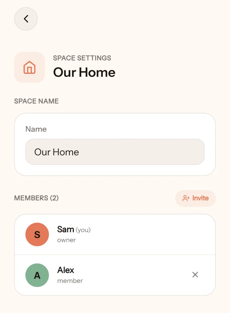 Space settings: the space name, and two members, Sam as owner and Alex as member, with the Invite button