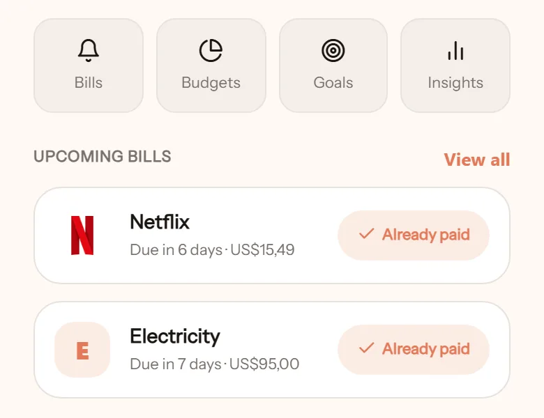 Home screen: the Bills shortcut, then upcoming bills for Netflix and Electricity, each with its due date, amount and an Already paid button