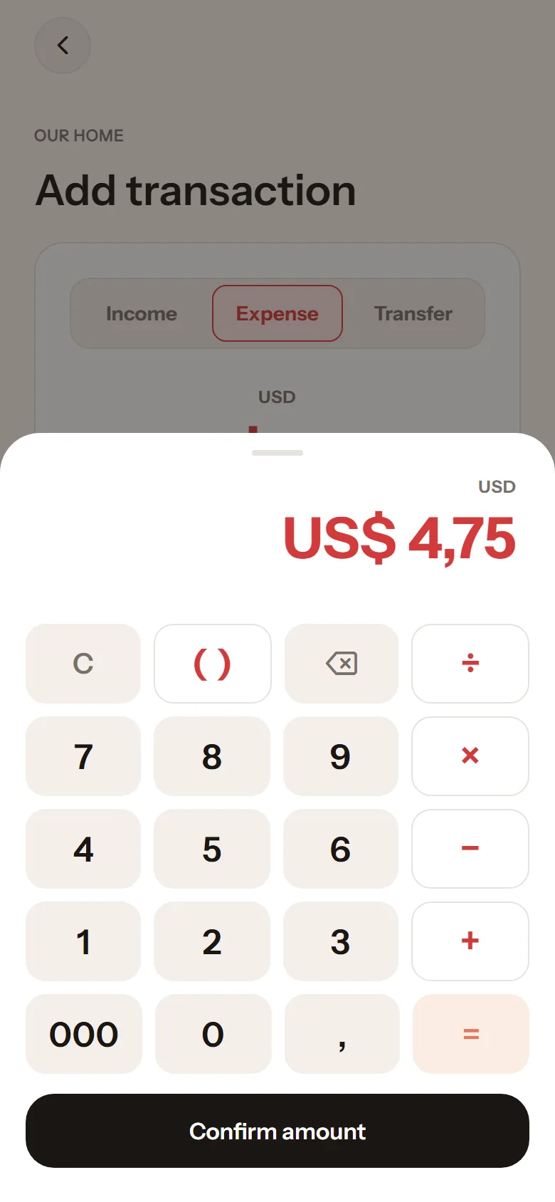 The amount keypad with US$4.75 typed, showing the 000 key, the decimal key and the maths keys