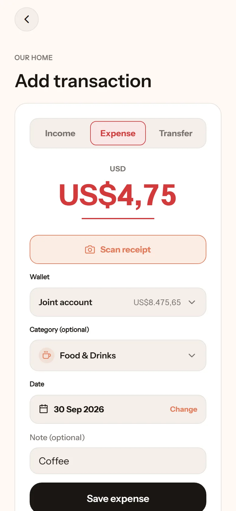 Add transaction form: Expense, US$4.75, the Joint account wallet, the Food & Drinks category, dated 30 Sep, and the note Coffee
