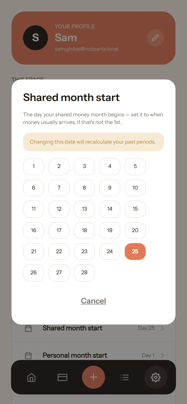 Shared month start picker open over Settings, with day 25 selected