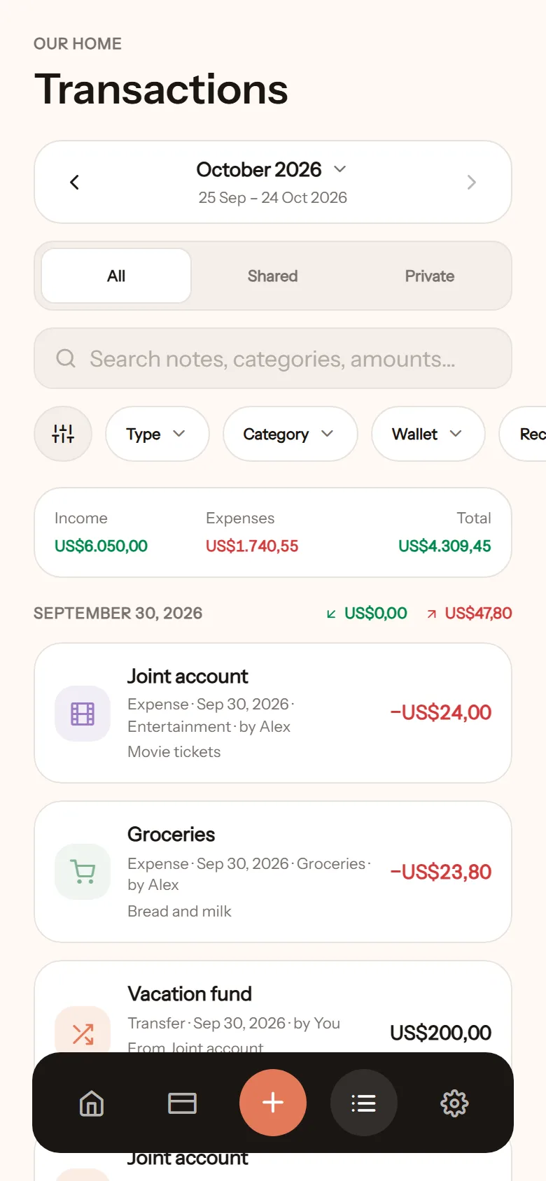 Transactions tab: period picker, All, Shared and Private, the search box, filters, and income and expense totals above the list