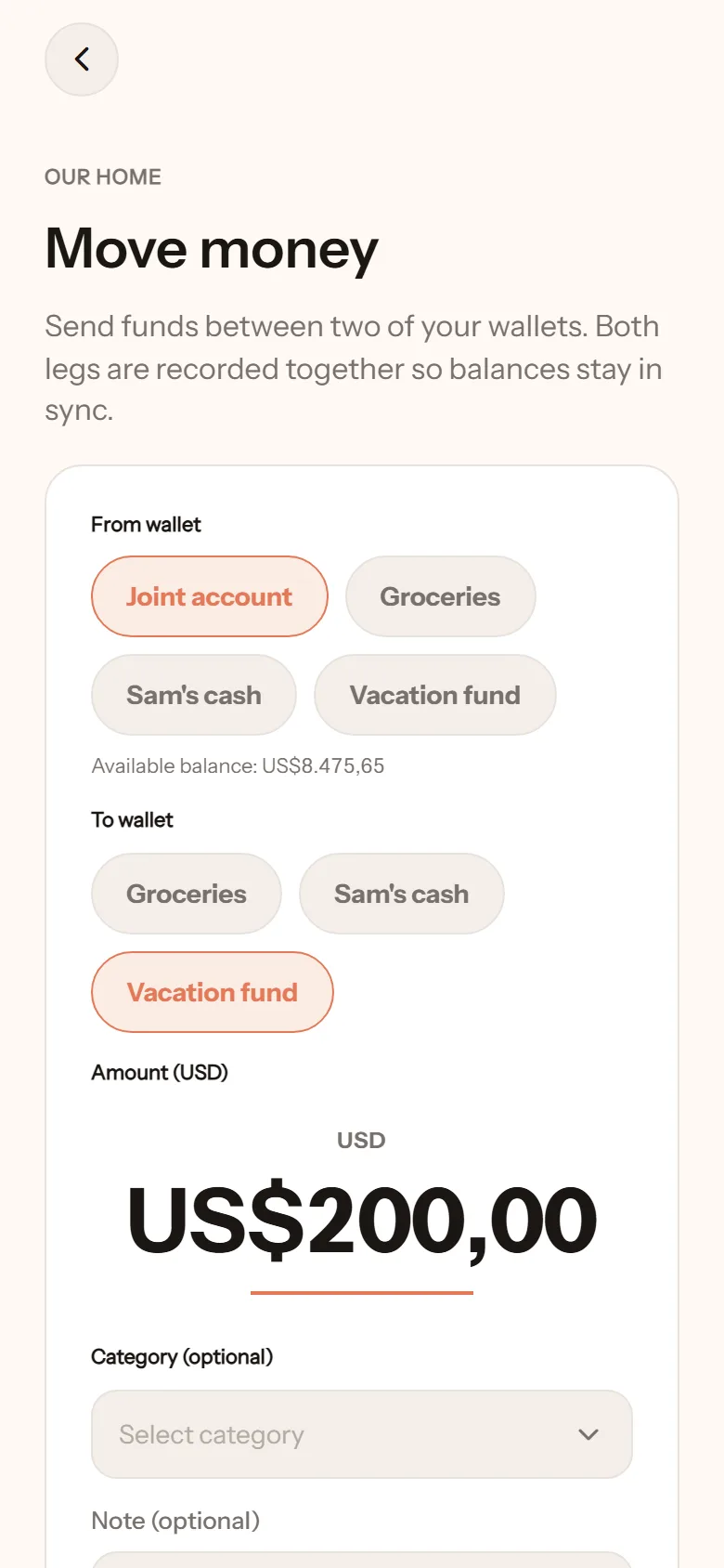 Move money screen: from Joint account to Vacation fund, US$200