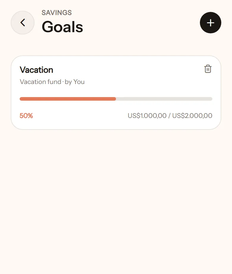 Goals screen: Vacation at 50%, US$1,000 of US$2,000, saved in the Vacation fund wallet