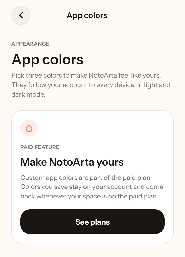App colors screen on the free plan: custom colors are a paid feature, with a See plans button