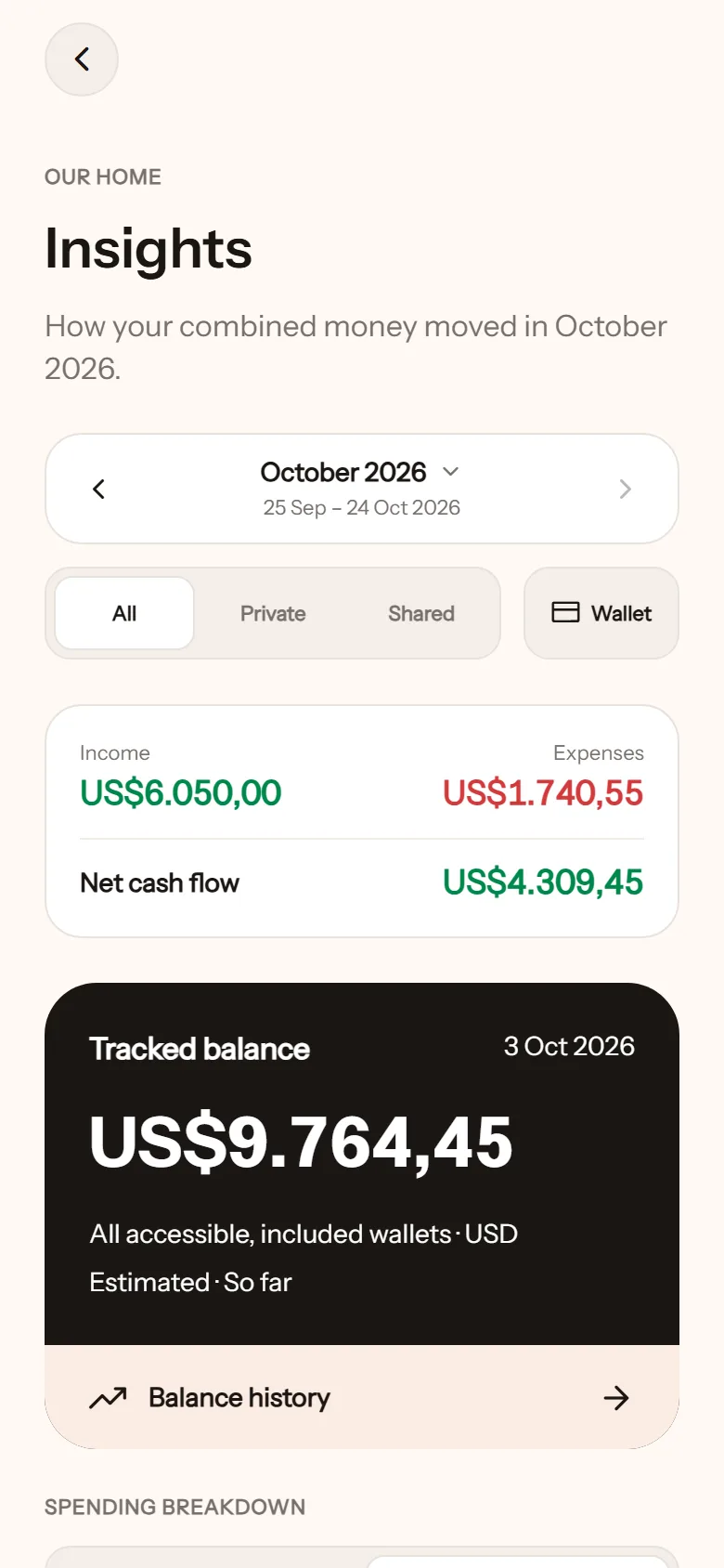 Insights screen for October 2026: income, expenses, and net cash flow, then the tracked balance across your wallets with a link to its history