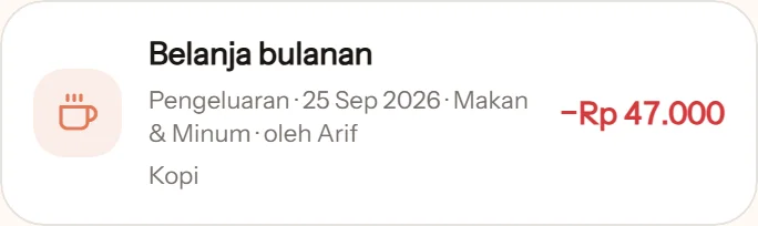 Baris transaksi di daftar Sarah: Belanja bulanan, Pengeluaran 25 Sep 2026, Makan & Minum, oleh Arif, catatan Kopi, minus Rp 47.000