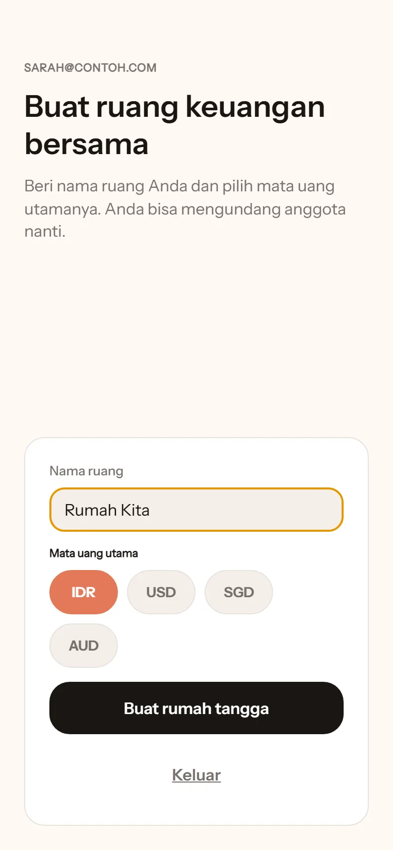 Layar pertama setelah masuk: Buat ruang keuangan bersama, nama ruang diisi Rumah Kita, mata uang IDR, tombol Buat rumah tangga