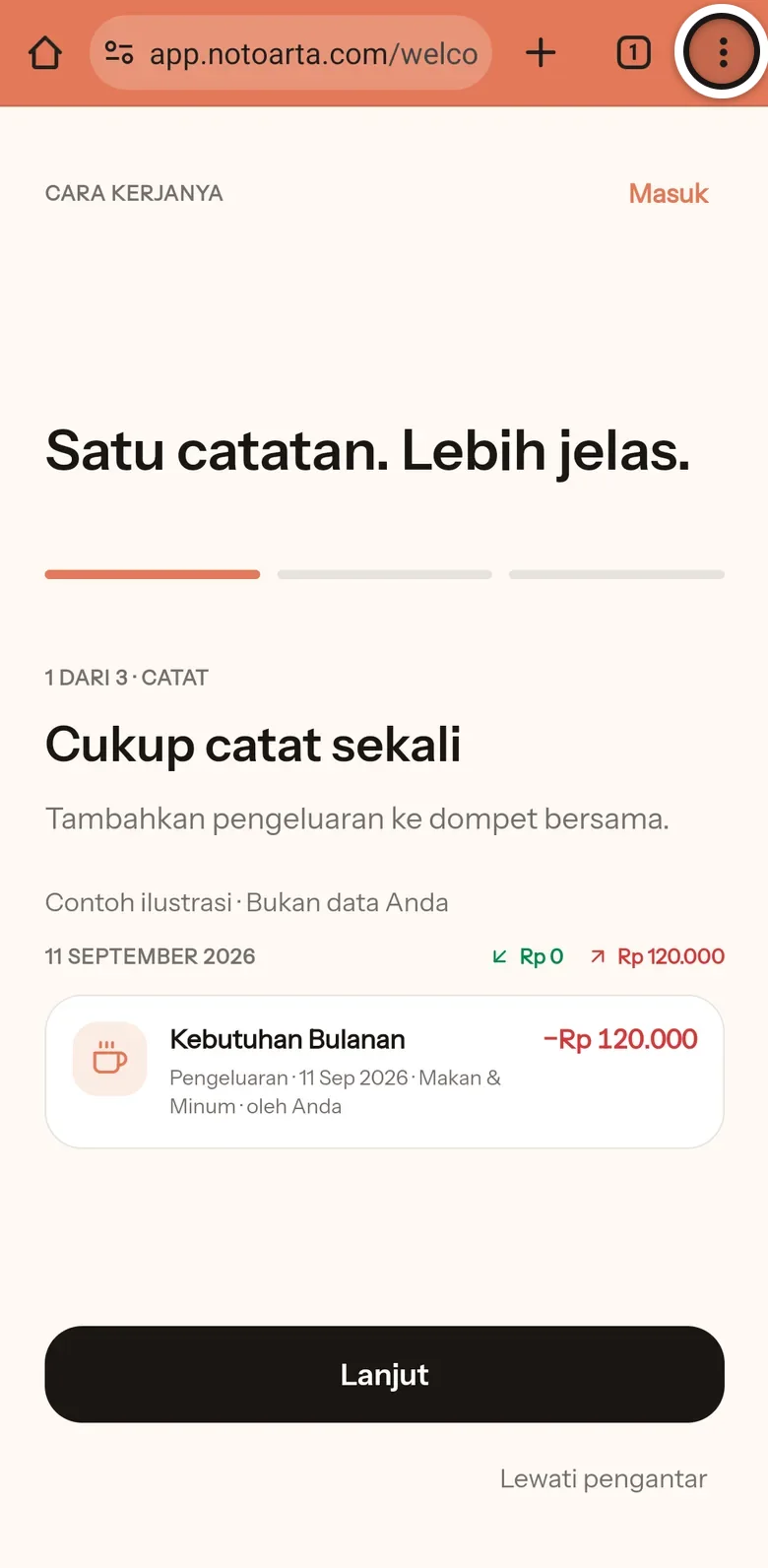 Halaman app.notoarta.com terbuka di Chrome, menu titik tiga di kanan atas ditandai