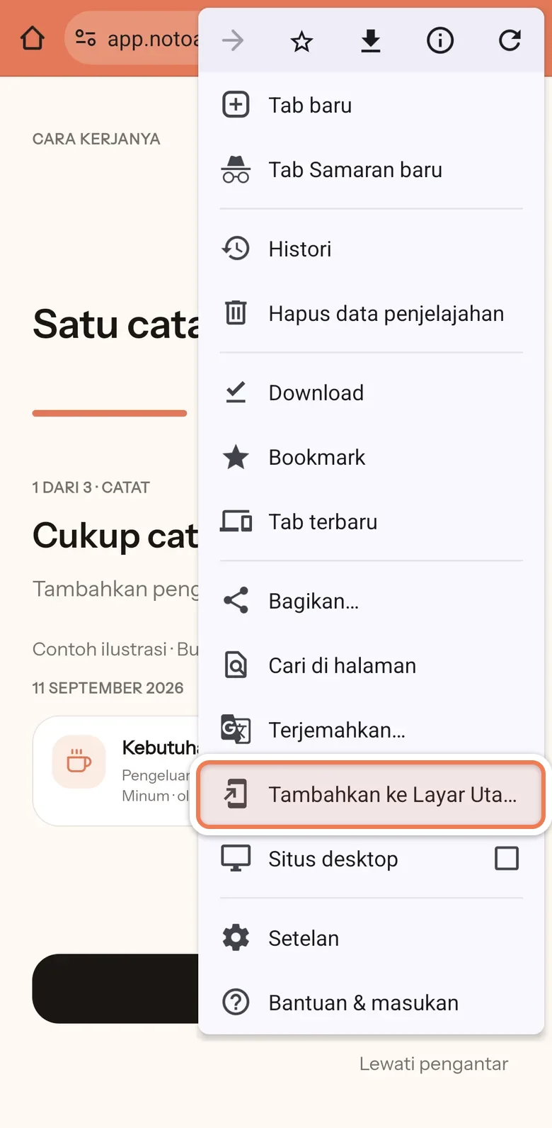 Menu Chrome terbuka, pilihan Tambahkan ke Layar Utama ada di antara Terjemahkan dan Situs desktop