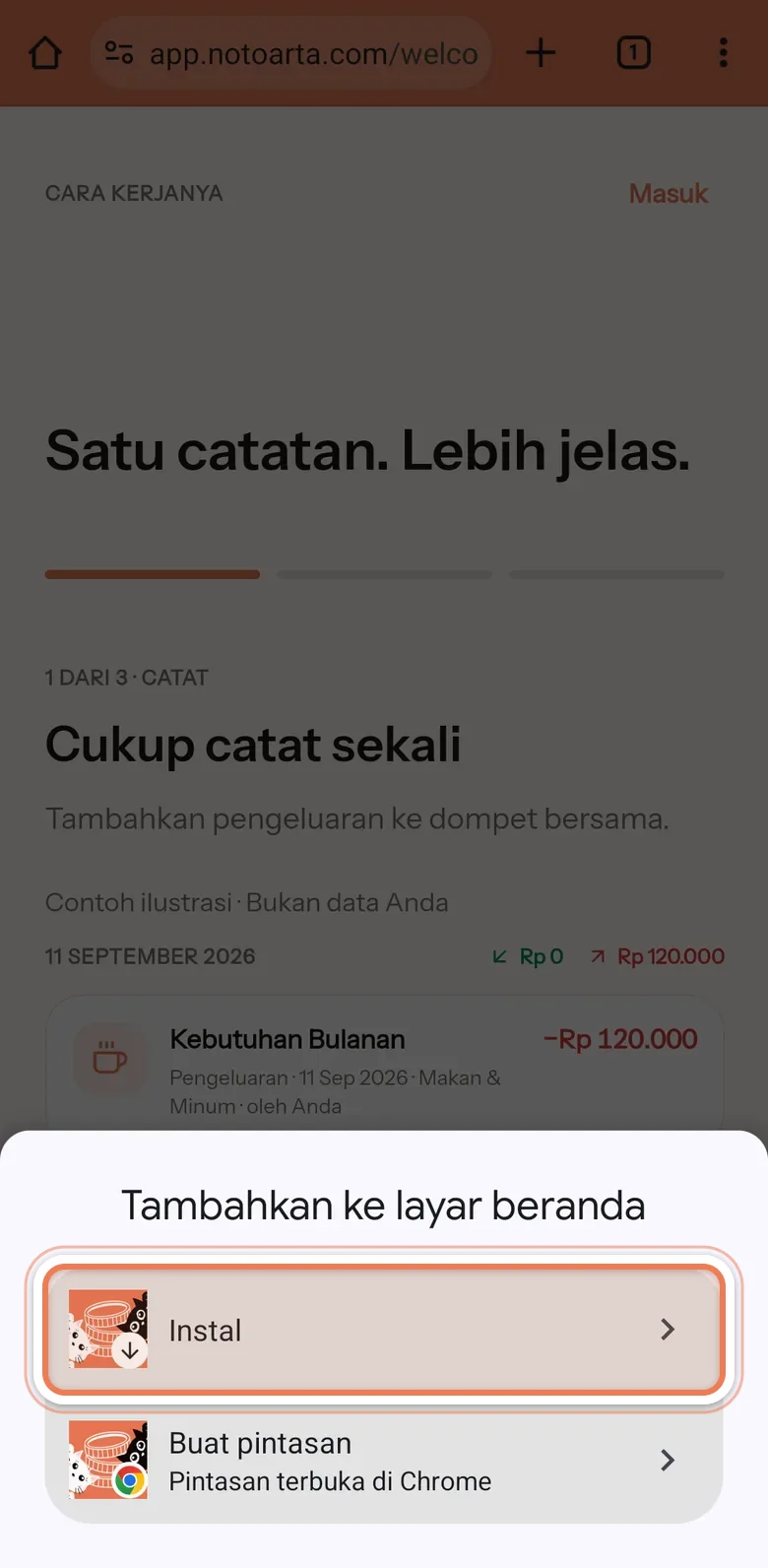 Kotak Tambahkan ke layar beranda dengan dua pilihan, Instal dan Buat pintasan