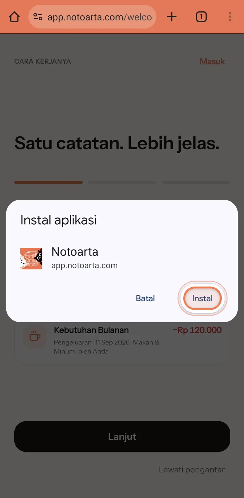 Kotak Instal aplikasi untuk Notoarta, dengan tombol Batal dan Instal