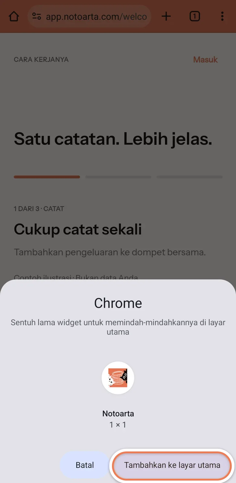Pertanyaan dari HP untuk menaruh ikon Notoarta di layar utama, dengan tombol Batal dan Tambahkan ke layar utama