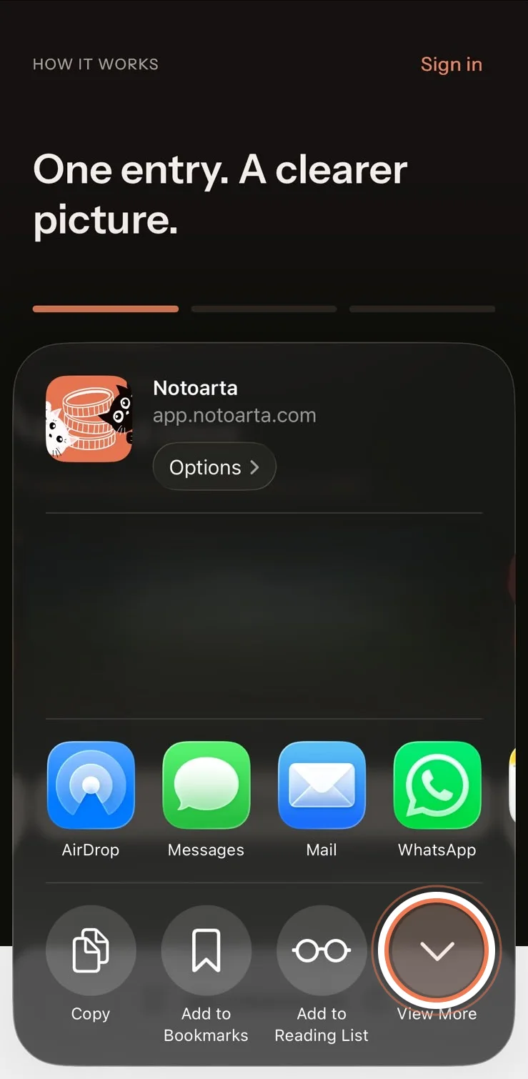 Lembar bagikan untuk app.notoarta.com, tombol View More ditandai