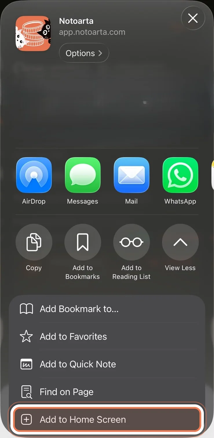 Daftar lengkap lembar bagikan, Add to Home Screen ditandai di paling bawah