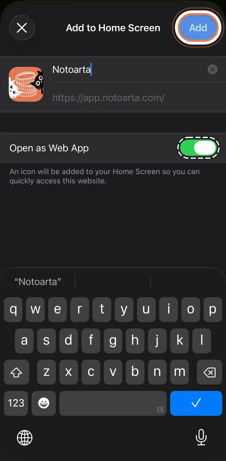 Layar Add to Home Screen: Open as Web App nyala, tombol Add di kanan atas ditandai