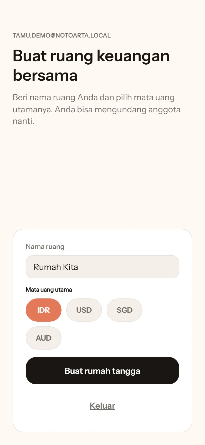 Layar Buat ruang keuangan bersama: nama ruang Rumah Kita, mata uang utama IDR, tombol Buat rumah tangga