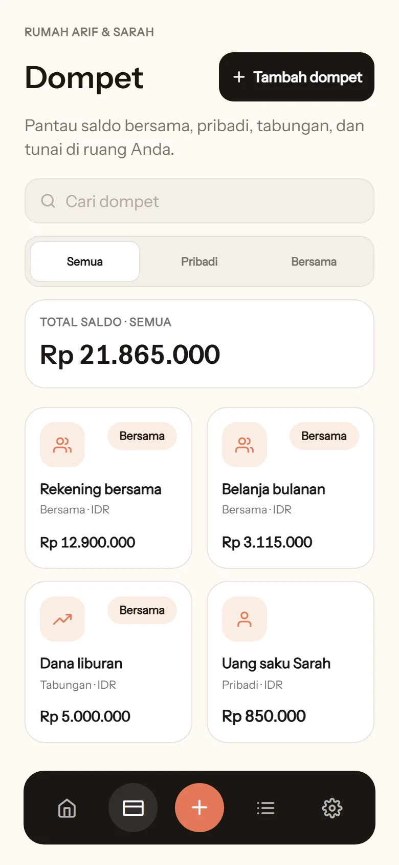Tab Dompet: total saldo Rp21.865.000, tiga dompet bersama dan satu dompet pribadi Uang saku Sarah
