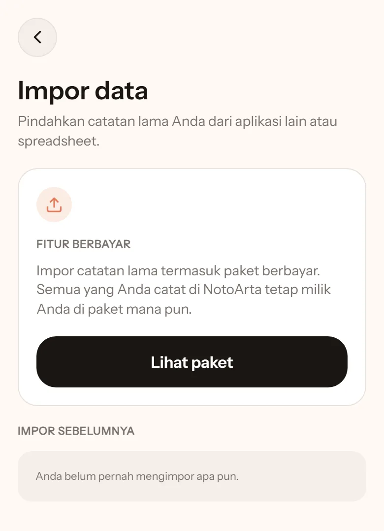 Layar Impor data di paket gratis: keterangan fitur berbayar, tombol Lihat paket, dan riwayat impor yang masih kosong