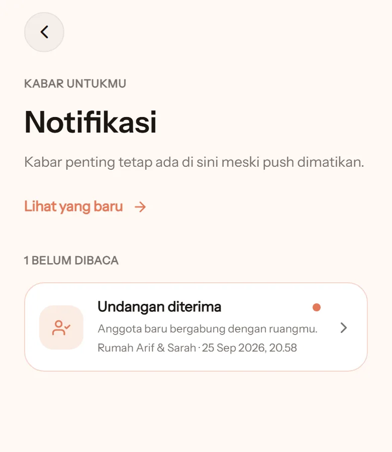 Kotak masuk Notifikasi: satu kabar belum dibaca, Undangan diterima