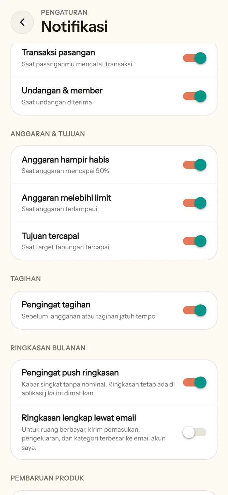Pengaturan Notifikasi: sakelar untuk transaksi pasangan, undangan, anggaran, tujuan, pengingat tagihan, dan ringkasan bulanan