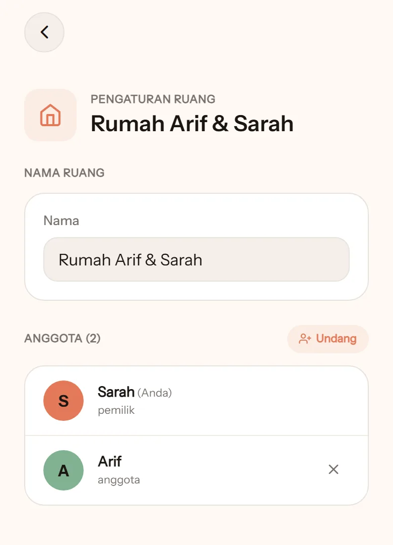 Pengaturan ruang Rumah Arif & Sarah: kolom nama ruang, dua anggota Sarah (pemilik) dan Arif (anggota), tombol Undang