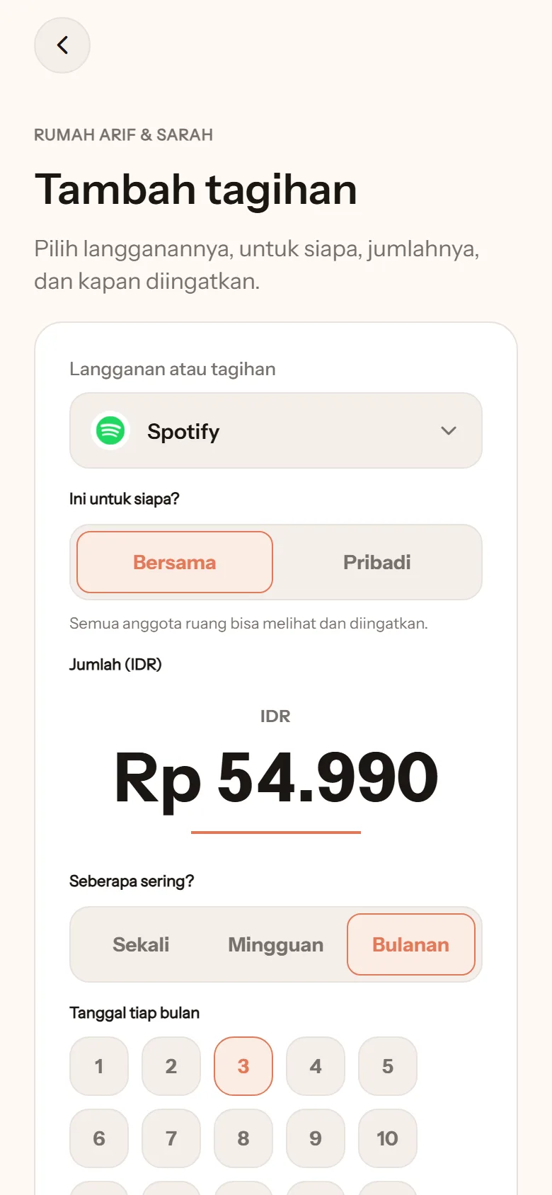 Layar Tambah tagihan: Spotify untuk bersama, Rp54.990, bulanan, tanggal 3 tiap bulan