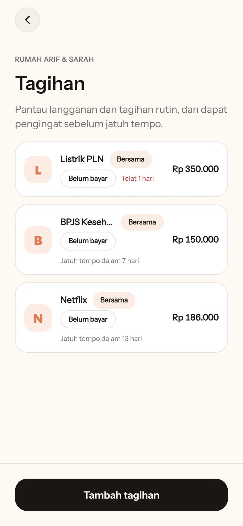 Layar Tagihan: Listrik PLN telat 1 hari, BPJS Kesehatan dan Netflix belum bayar, masing-masing dengan jumlahnya