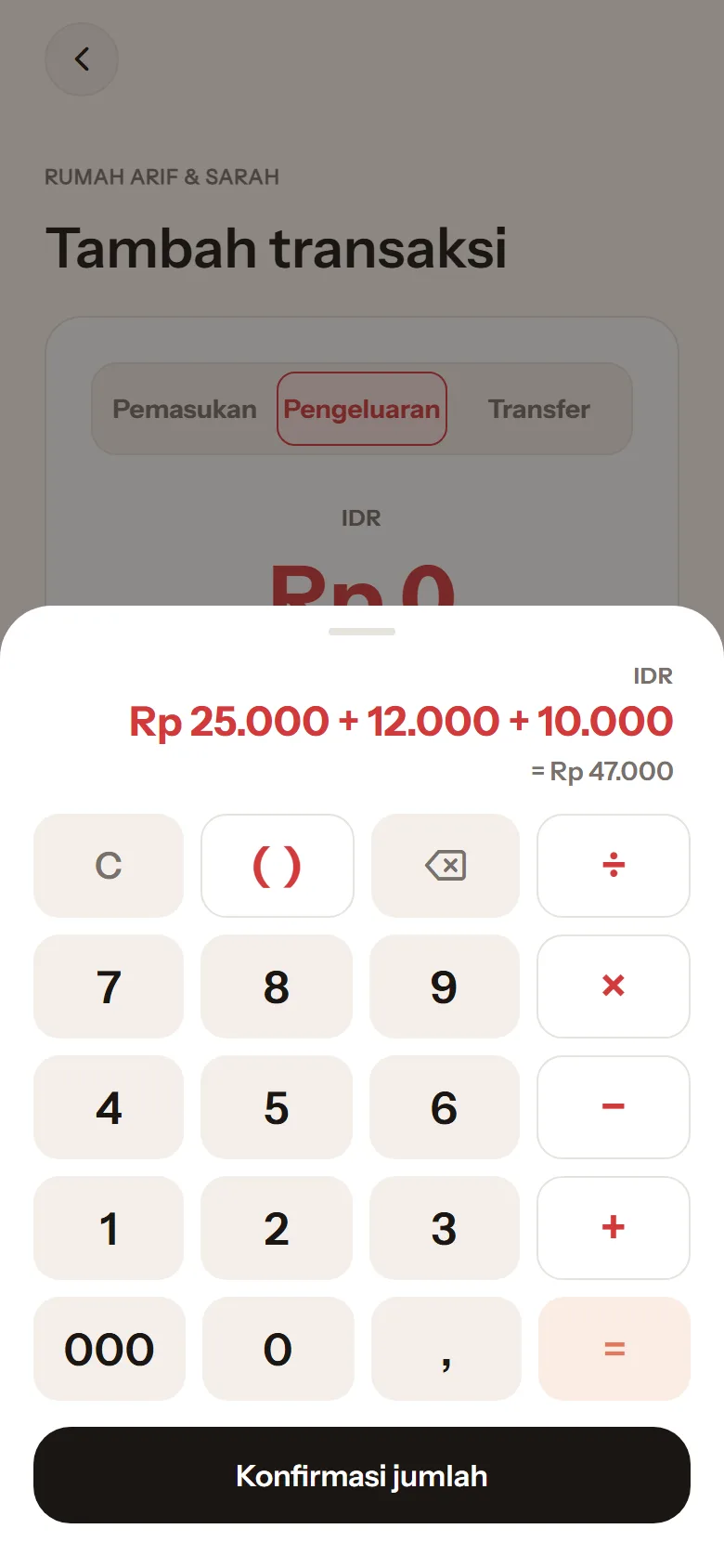 Keypad nominal yang lagi menghitung 25.000 + 12.000 + 10.000, hasilnya Rp47.000