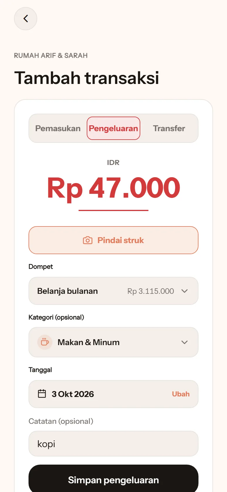 Layar Tambah transaksi: pengeluaran Rp47.000 dari dompet Belanja bulanan, kategori Makan & Minum, catatan kopi